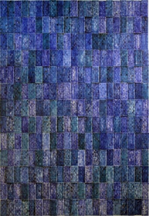 Traits peints sur 273 plaques de plâtre bleues assemblées au mur